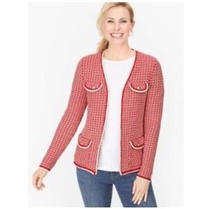 Talbots Tipped Tweed Sweater‎ Jacket Medium Knit Blazer Red White Pockets Medium